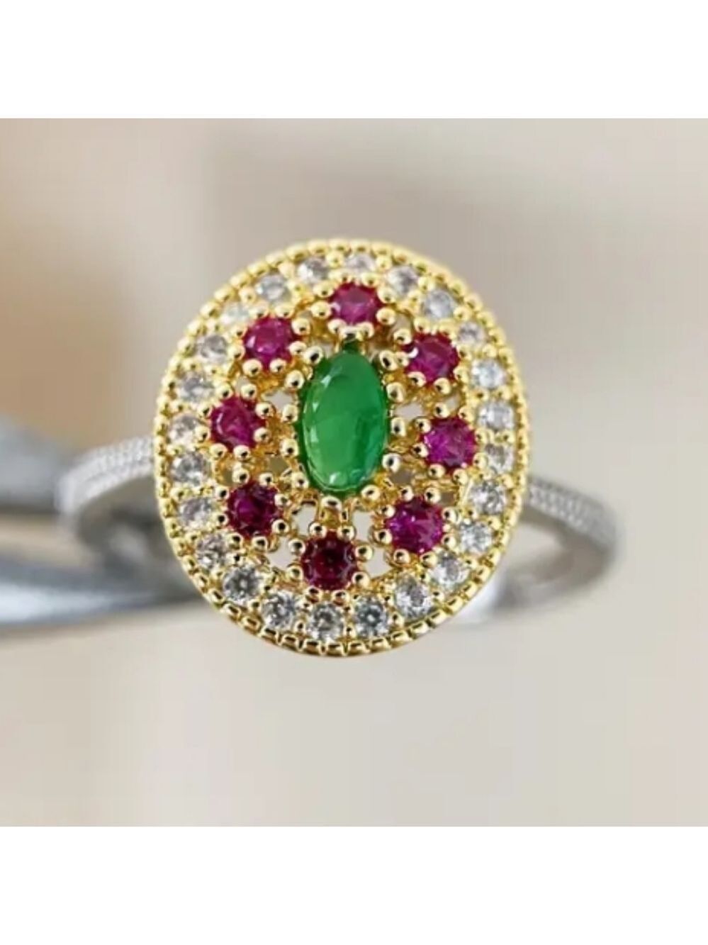 Two Tone Ring Green Red Stones